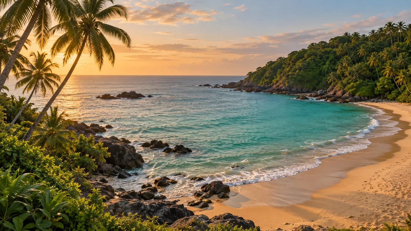 Illustrative tropical bay with palms and clear blue water at sunset