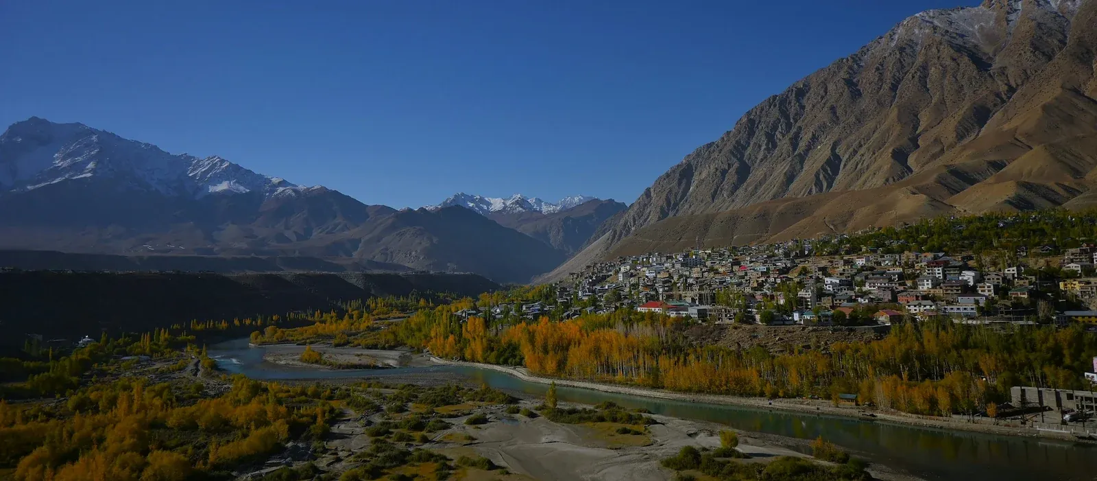 Kargil town and river valley surrounded by mountains