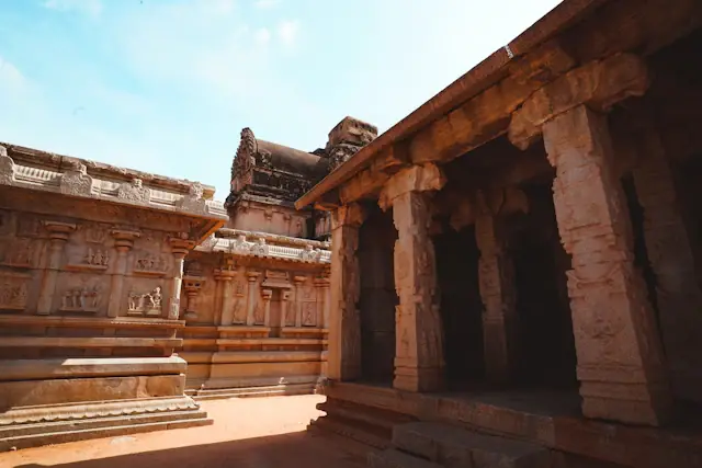 Historic stone temple architecture in Hampi