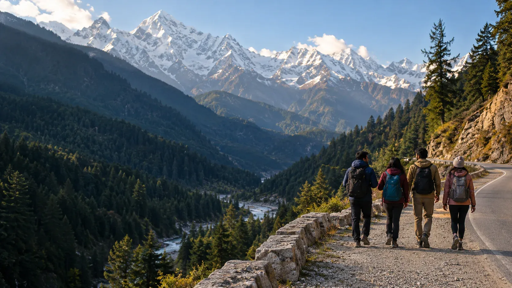 Travel illustration of friends walking through a mountain landscape